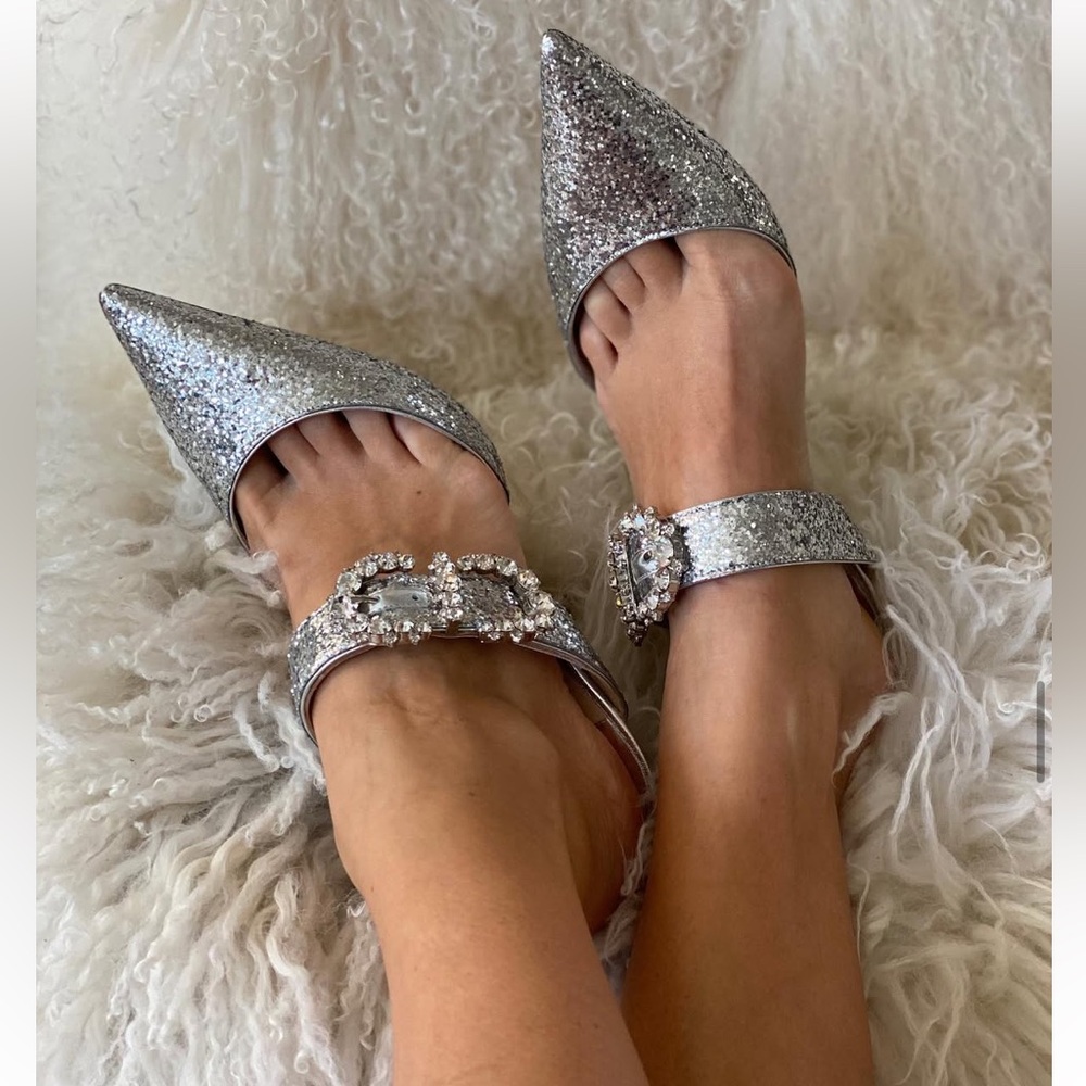 Jimmy Choo Silver Glitter Mules with Embellished Strap